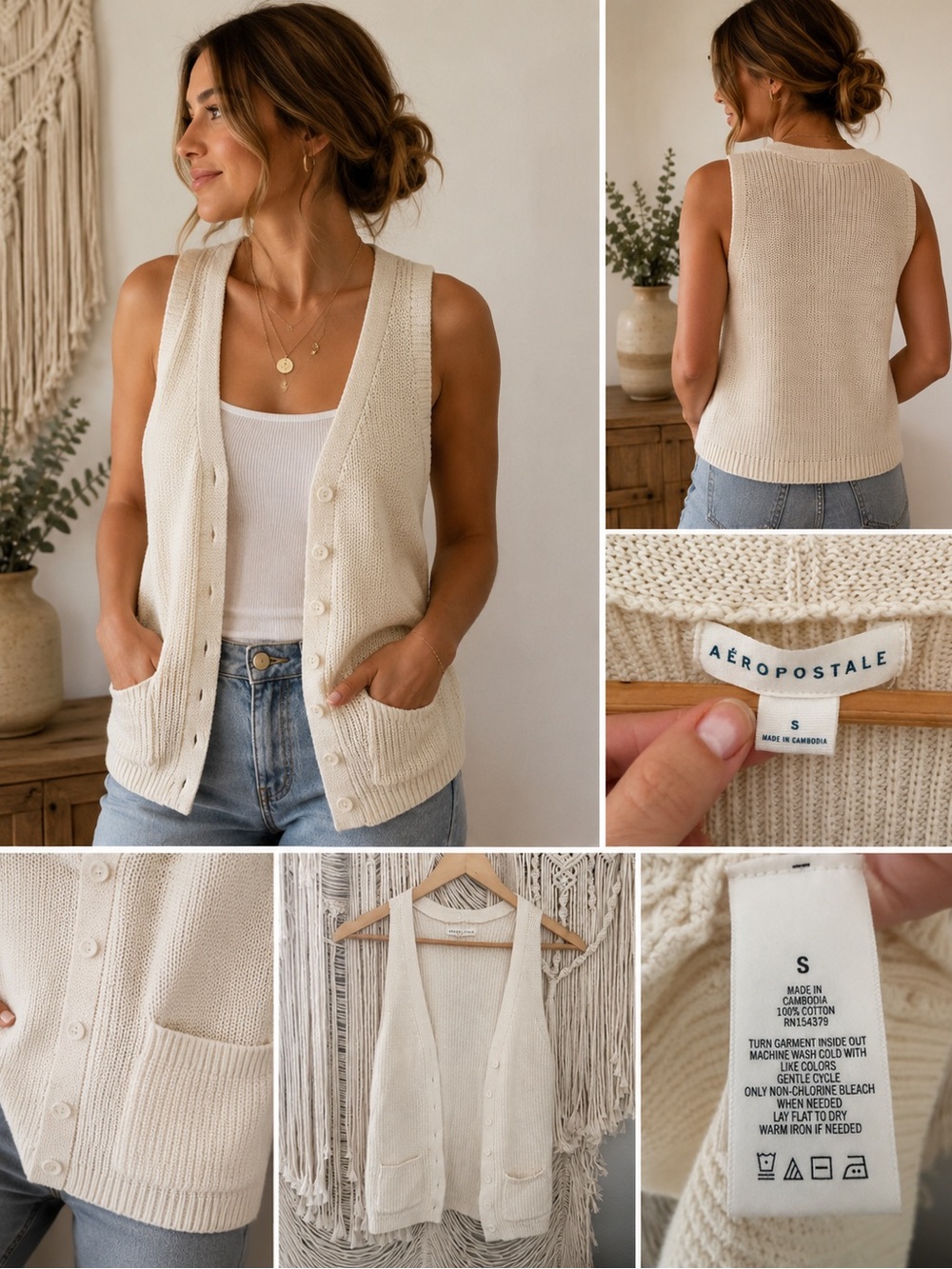 Aeropostale Women's Cream Knit Button-Front Vest